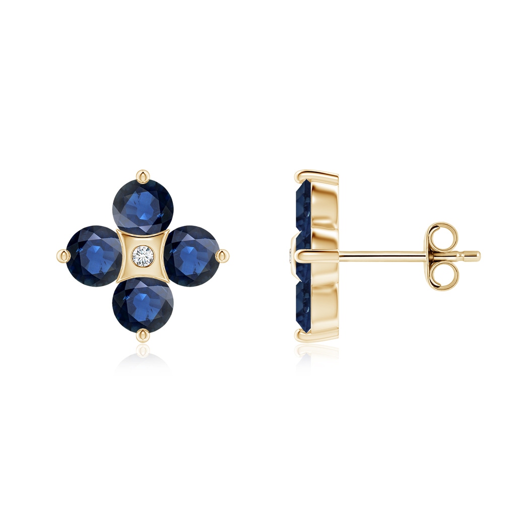 4mm AA Nature Inspired Round Blue Sapphire and Diamond Flower Stud Earrings in Yellow Gold