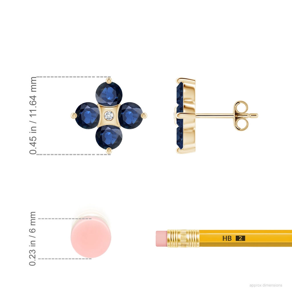 4mm AA Nature Inspired Round Blue Sapphire and Diamond Flower Stud Earrings in Yellow Gold ruler