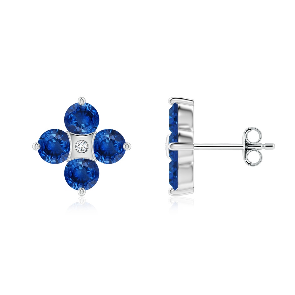 4mm AAA Nature Inspired Round Blue Sapphire and Diamond Flower Stud Earrings in 18K White Gold 