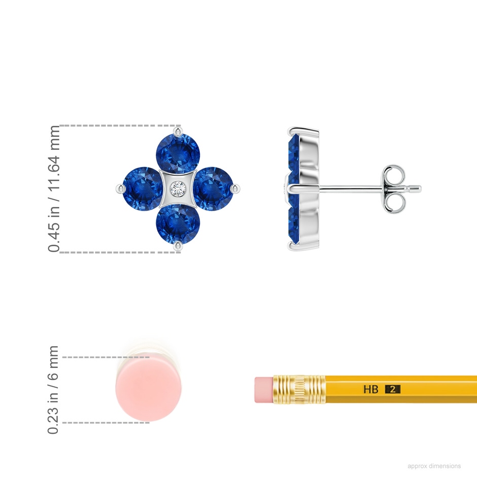 4mm AAA Nature Inspired Round Blue Sapphire and Diamond Flower Stud Earrings in 18K White Gold ruler