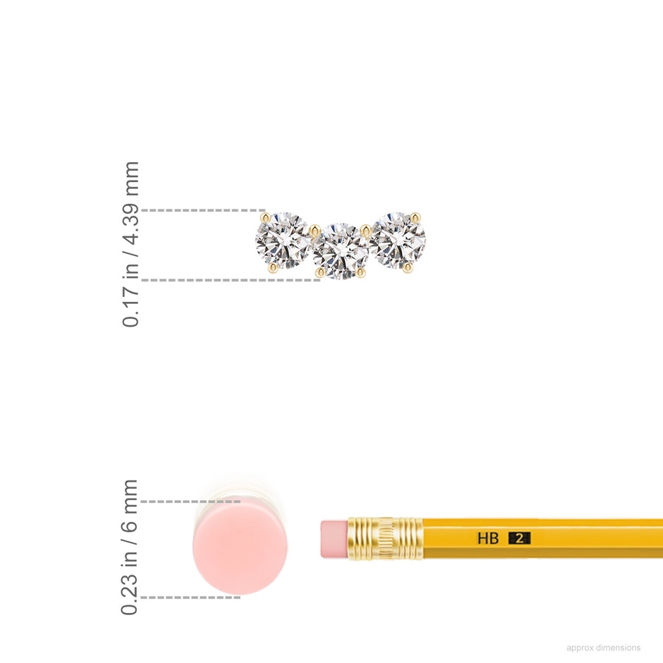 3.6mm IJI1I2 Prong-Set Round Diamond Three Stone Stud Earrings in Yellow Gold ruler