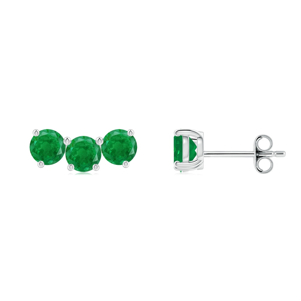 4mm AA Prong-Set Round Emerald Three Stone Stud Earrings in White Gold