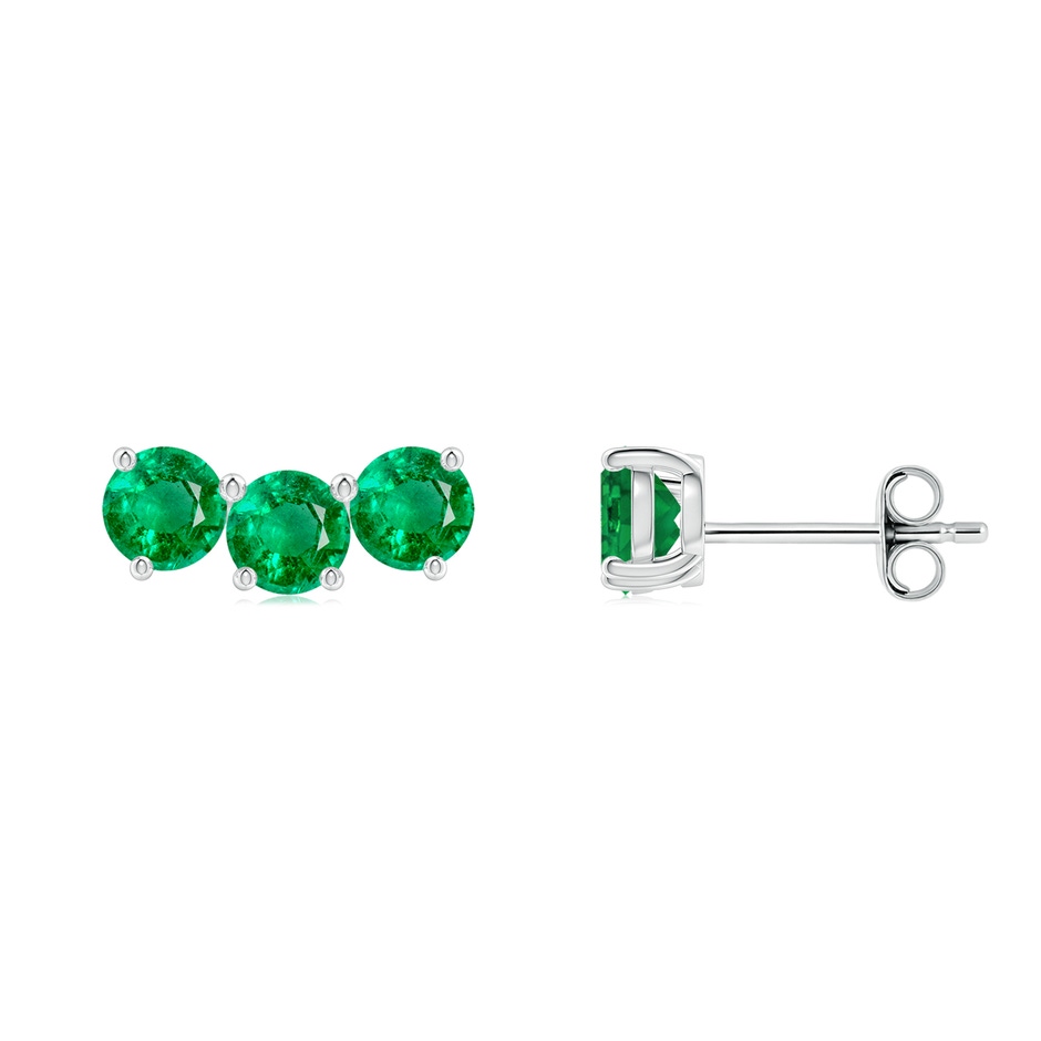 4mm AAA Prong-Set Round Emerald Three Stone Stud Earrings in White Gold 