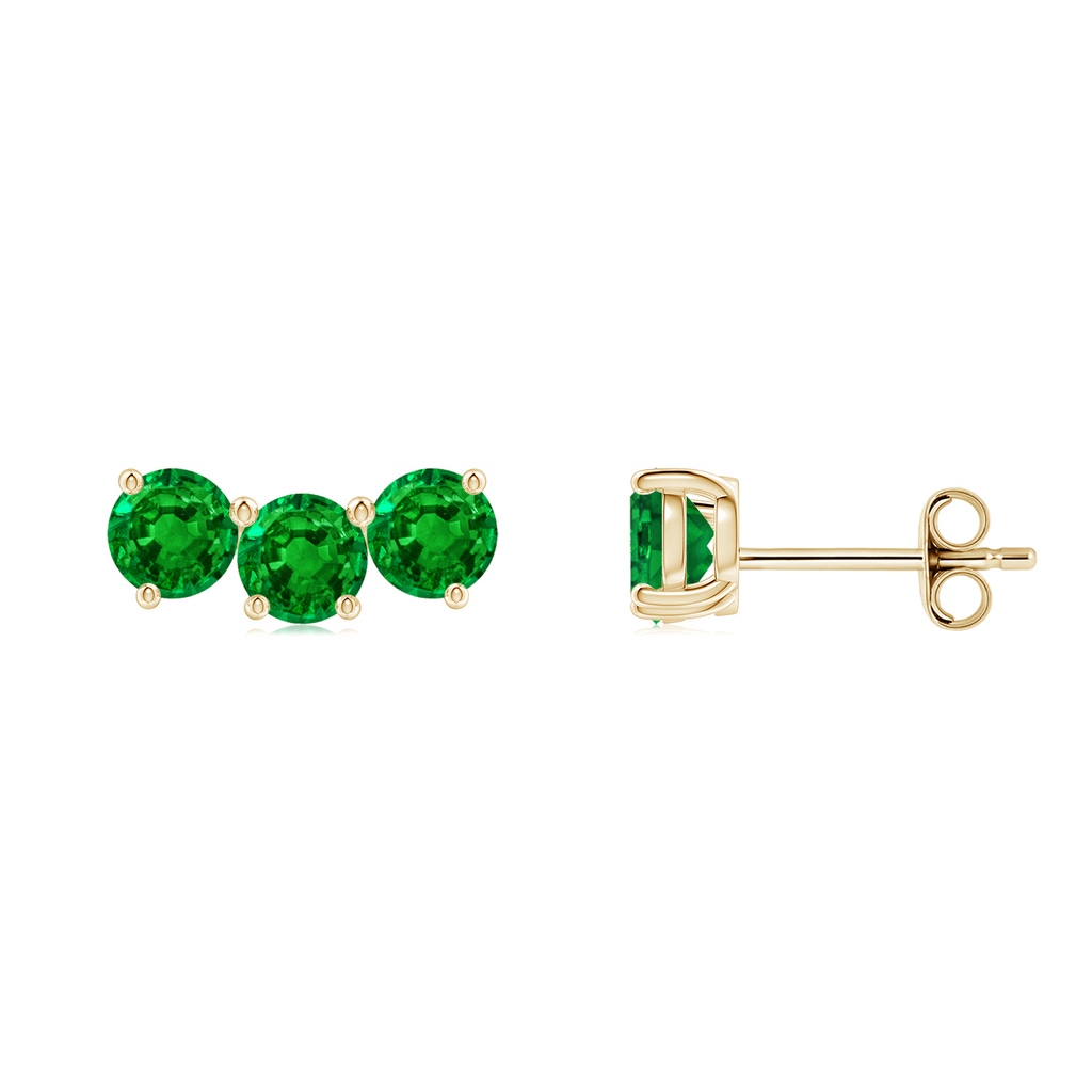 4mm AAAA Prong-Set Round Emerald Three Stone Stud Earrings in Yellow Gold