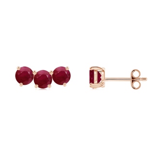 4mm A Prong-Set Round Ruby Three Stone Stud Earrings in Rose Gold