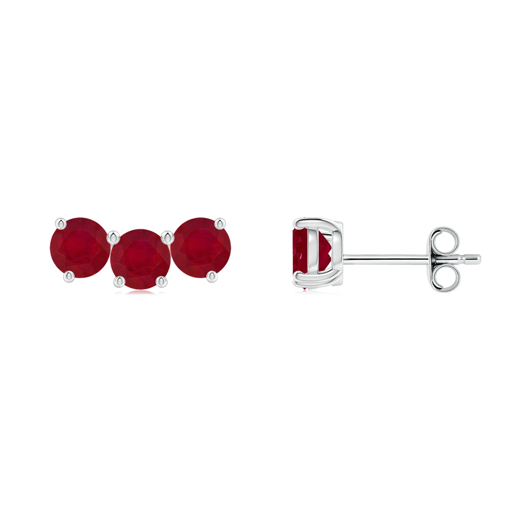 4mm AA Prong-Set Round Ruby Three Stone Stud Earrings in White Gold