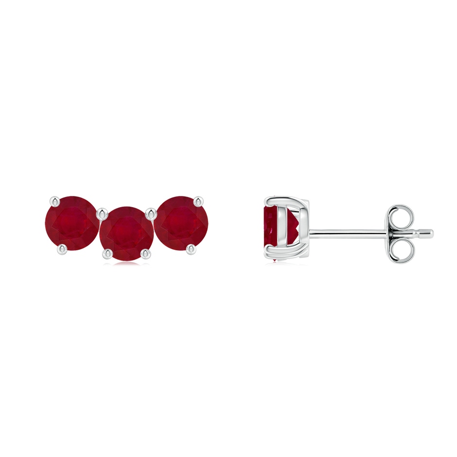 4mm AA Prong-Set Round Ruby Three Stone Stud Earrings in White Gold 