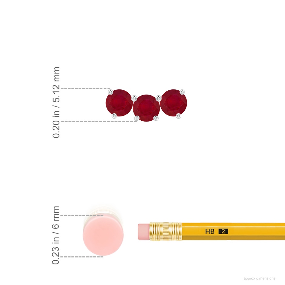 4mm AA Prong-Set Round Ruby Three Stone Stud Earrings in White Gold ruler