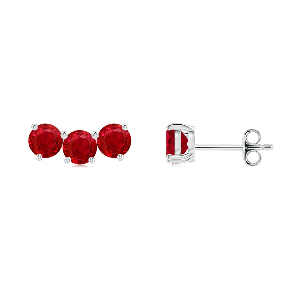 4mm AAA Prong-Set Round Ruby Three Stone Stud Earrings in White Gold 