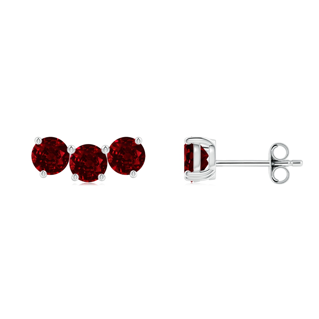 4mm AAAA Prong-Set Round Ruby Three Stone Stud Earrings in P950 Platinum