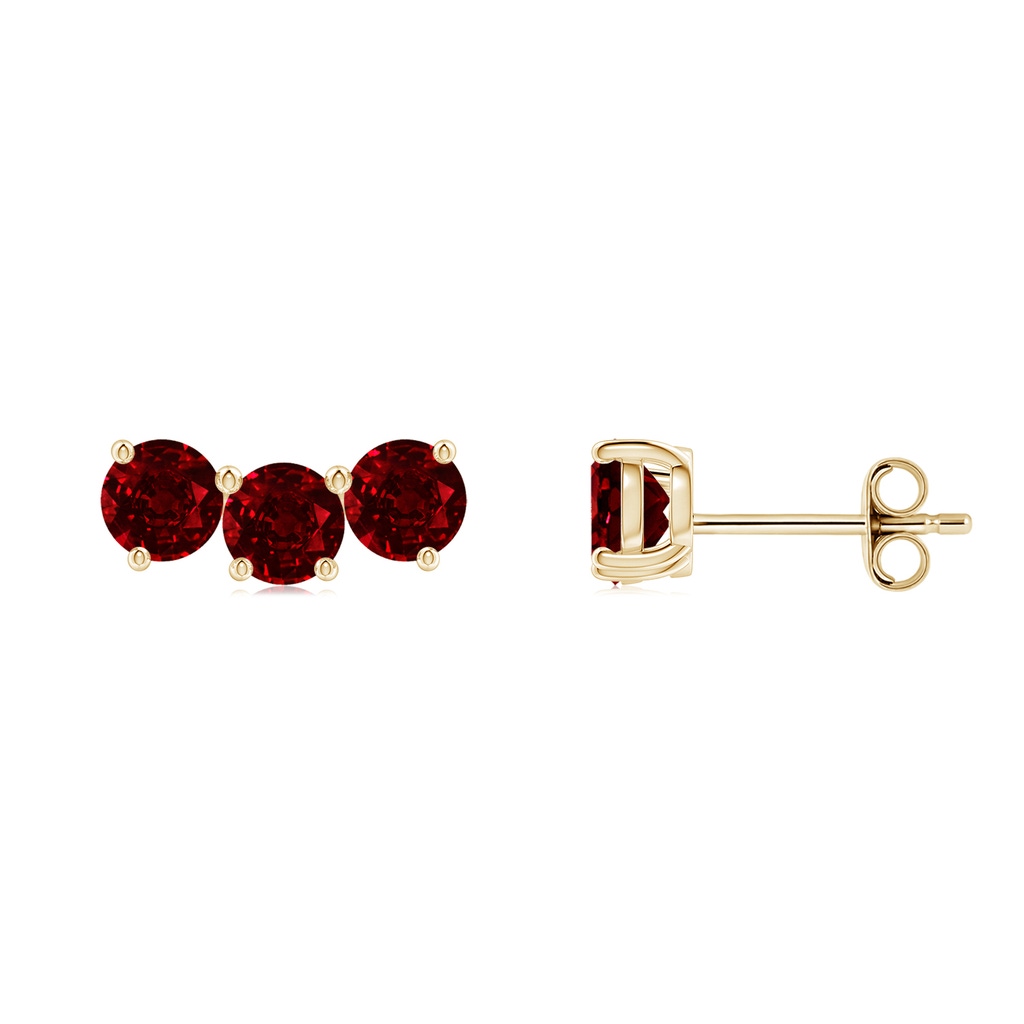 4mm AAAA Prong-Set Round Ruby Three Stone Stud Earrings in Yellow Gold