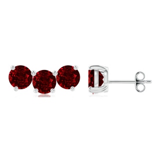 5mm AAAA Prong-Set Round Ruby Three Stone Stud Earrings in P950 Platinum