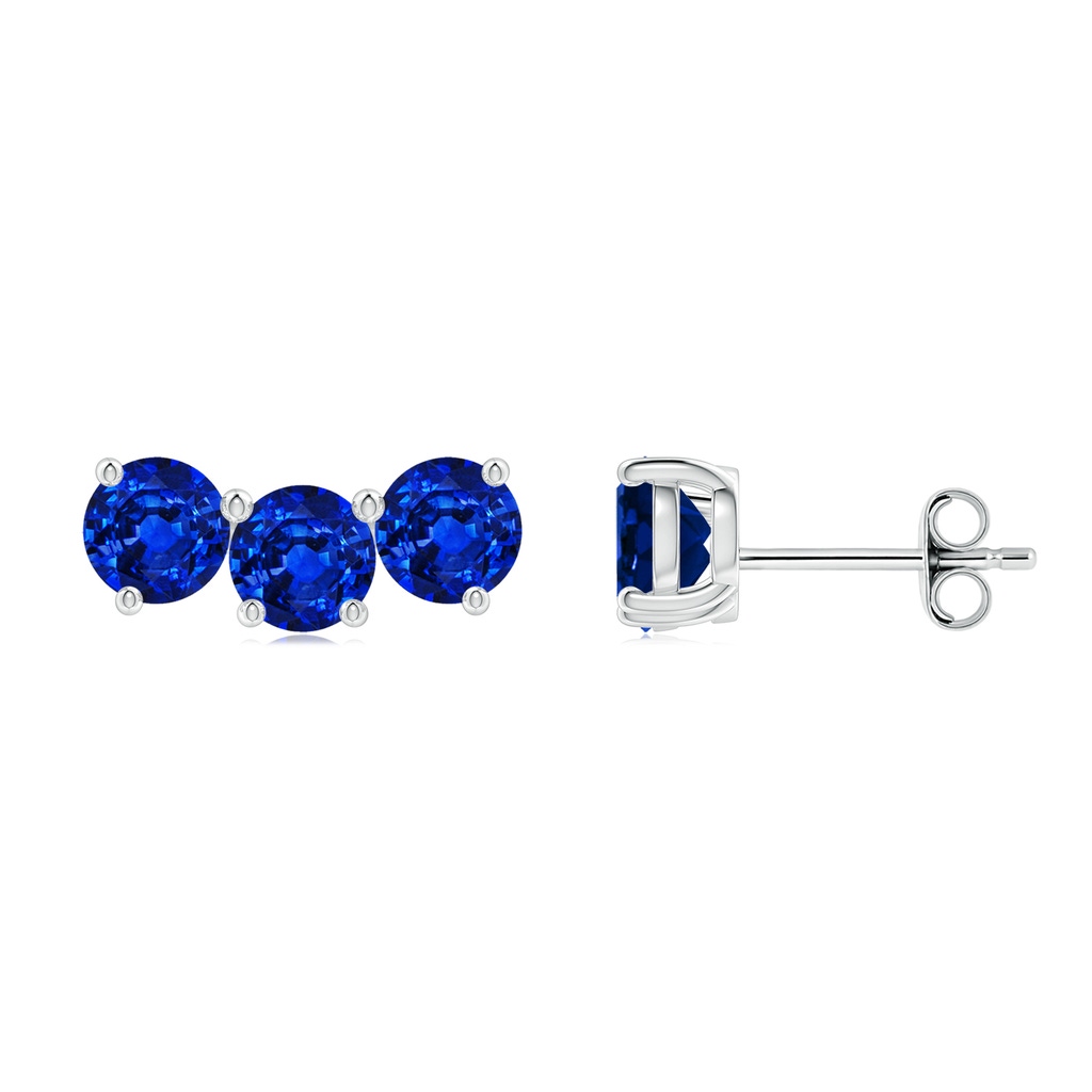 4.5mm Lab-Grown Prong-Set Round Blue Sapphire Three Stone Stud Earrings in White Gold