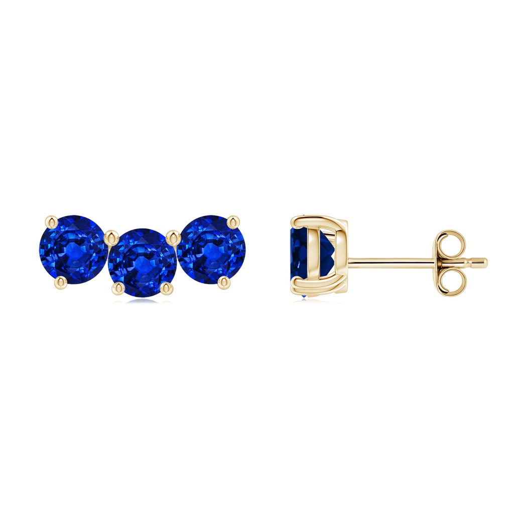 4.5mm Lab-Grown Prong-Set Round Blue Sapphire Three Stone Stud Earrings in Yellow Gold