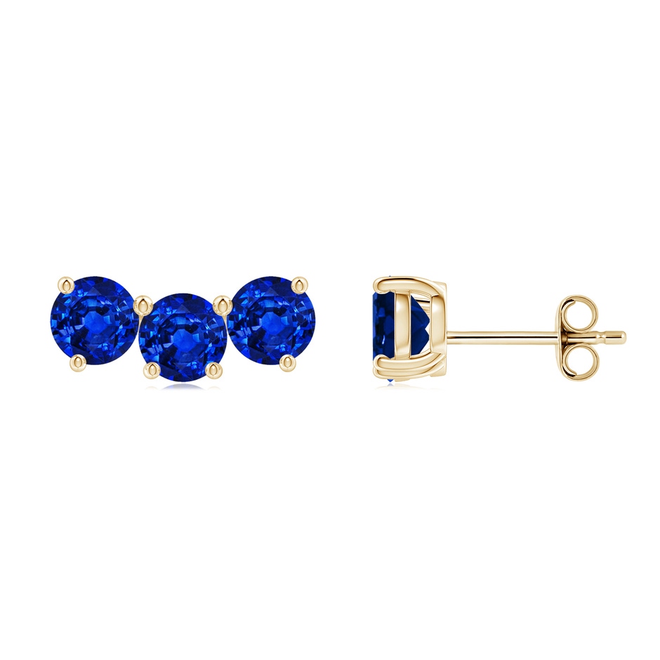 4.5mm Lab-Grown Prong-Set Round Blue Sapphire Three Stone Stud Earrings in Yellow Gold 