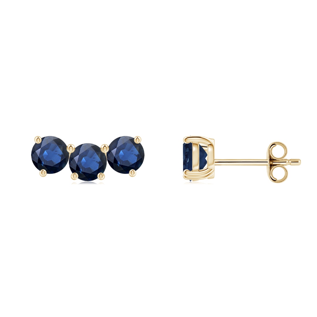 4mm AA Prong-Set Round Blue Sapphire Three Stone Stud Earrings in Yellow Gold 