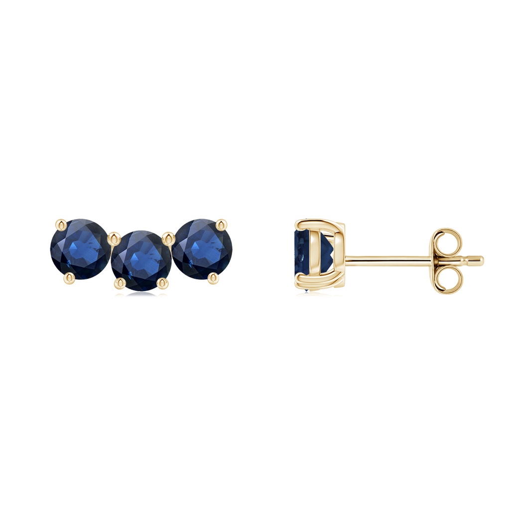 4mm AA Prong-Set Round Blue Sapphire Three Stone Stud Earrings in Yellow Gold