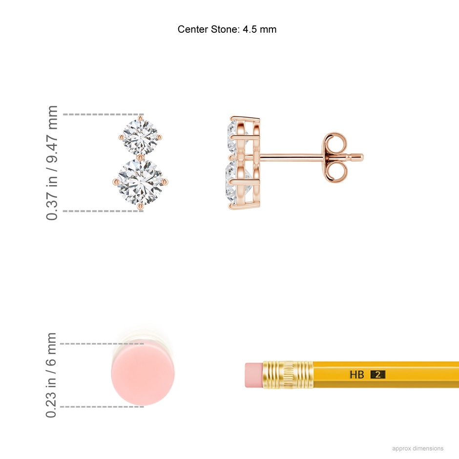 4.5mm HSI2 Round Diamond Two Stone Stud Earrings in Rose Gold ruler