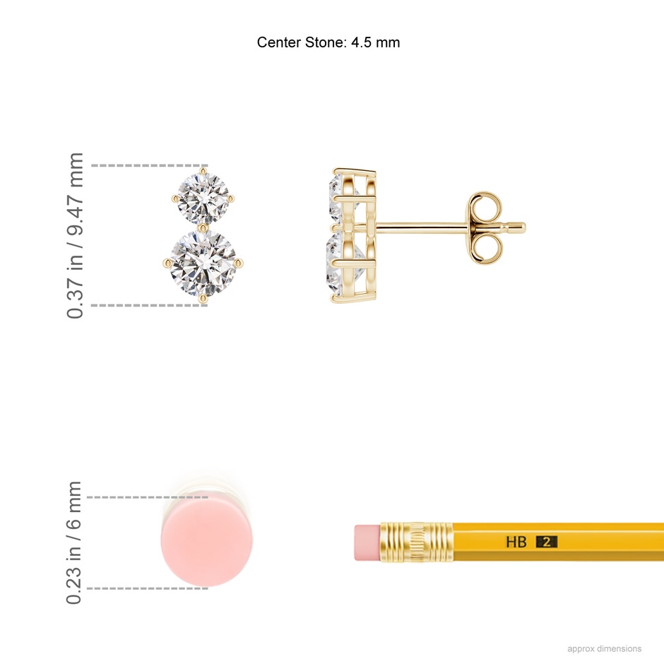 4.5mm IJI1I2 Round Diamond Two Stone Stud Earrings in Yellow Gold ruler