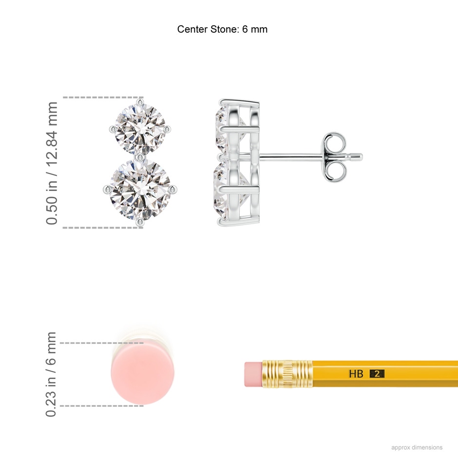 6mm IJI1I2 Round Diamond Two Stone Stud Earrings in White Gold ruler