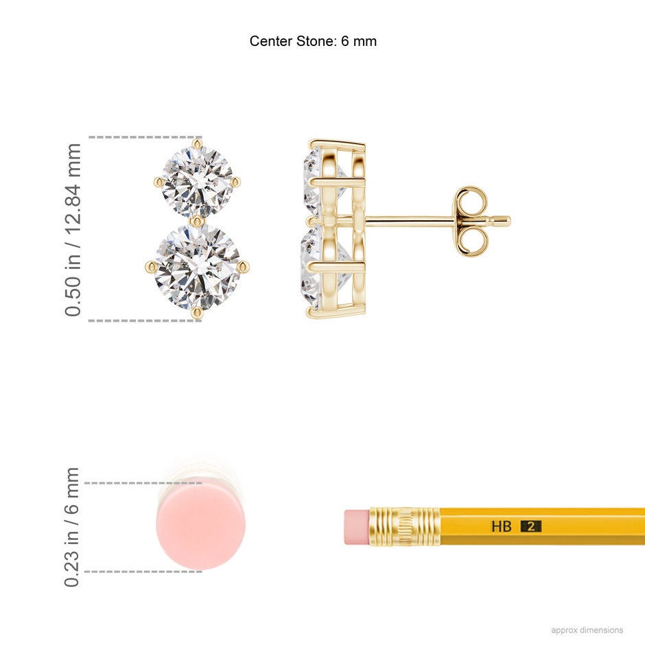 6mm IJI1I2 Round Diamond Two Stone Stud Earrings in Yellow Gold ruler