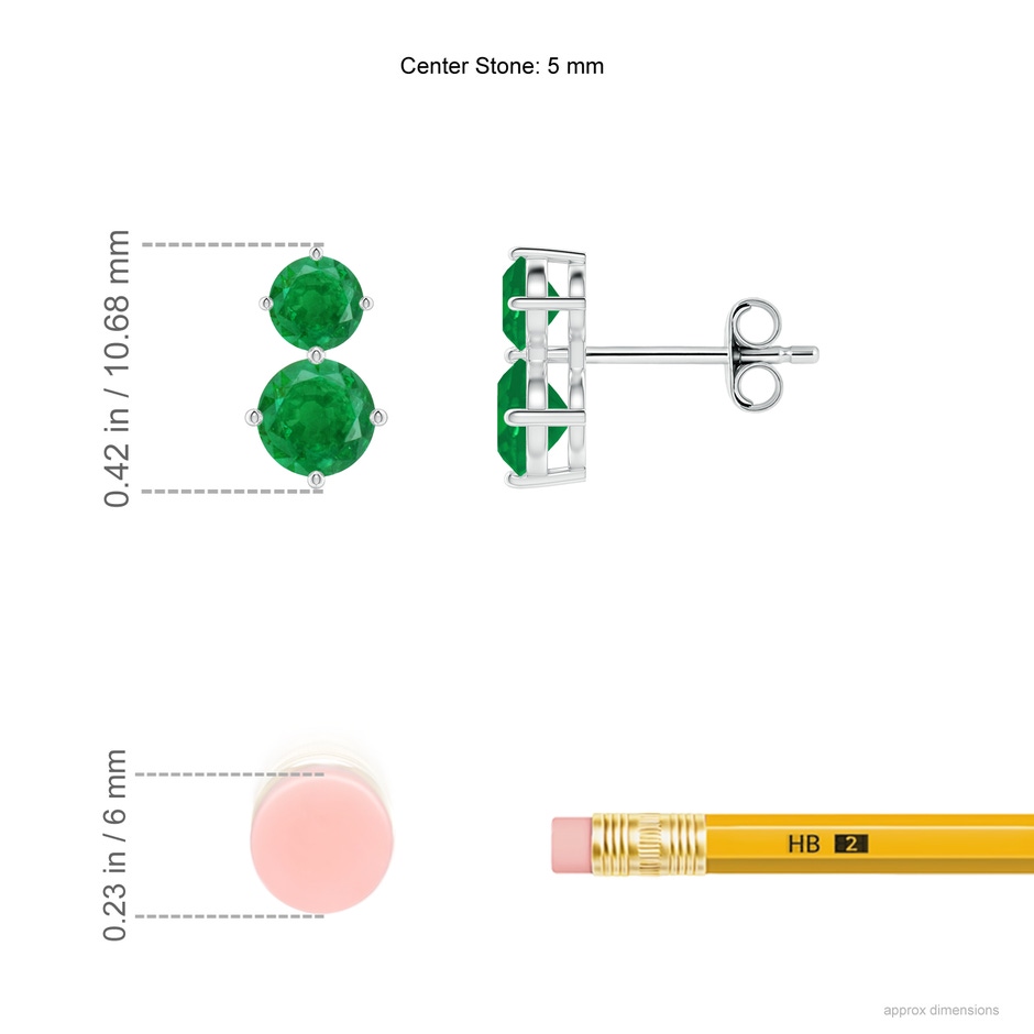 5mm AA Round Emerald Two Stone Stud Earrings in White Gold ruler