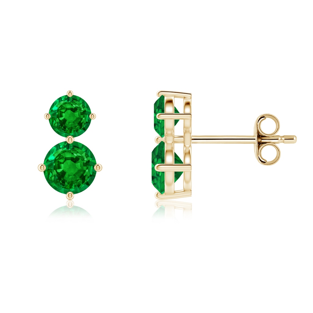 5mm AAAA Round Emerald Two Stone Stud Earrings in Yellow Gold