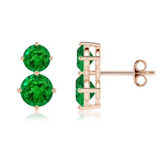 6mm AAAA Round Emerald Two Stone Stud Earrings in Rose Gold