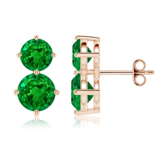 7mm AAAA Round Emerald Two Stone Stud Earrings in Rose Gold
