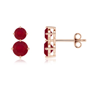 5mm AA Round Ruby Two Stone Stud Earrings in Rose Gold