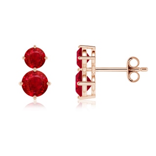 5mm AAA Round Ruby Two Stone Stud Earrings in Rose Gold