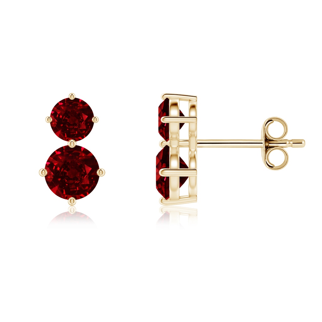 5mm AAAA Round Ruby Two Stone Stud Earrings in Yellow Gold