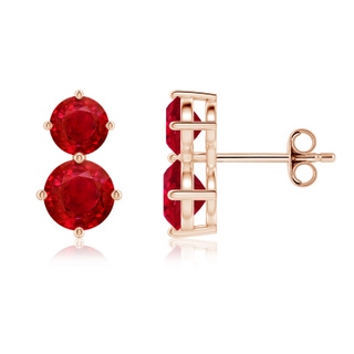 6mm AAA Round Ruby Two Stone Stud Earrings in Rose Gold