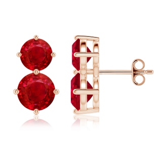 7mm AAA Round Ruby Two Stone Stud Earrings in Rose Gold