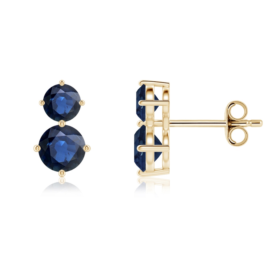 5mm AA Round Blue Sapphire Two Stone Stud Earrings in Yellow Gold 