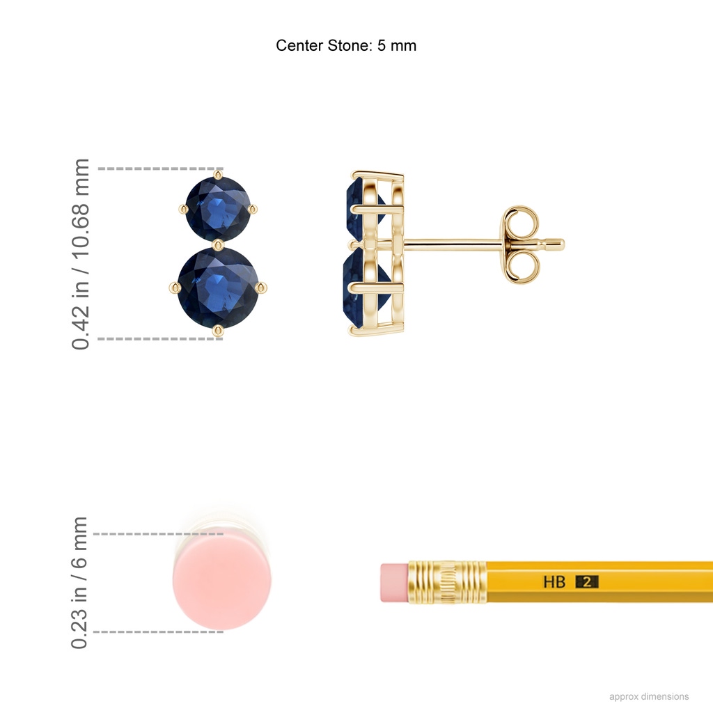 5mm AA Round Blue Sapphire Two Stone Stud Earrings in Yellow Gold ruler