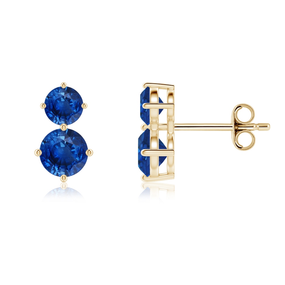 5mm AAA Round Blue Sapphire Two Stone Stud Earrings in Yellow Gold 