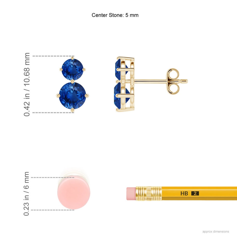 5mm AAA Round Blue Sapphire Two Stone Stud Earrings in Yellow Gold ruler