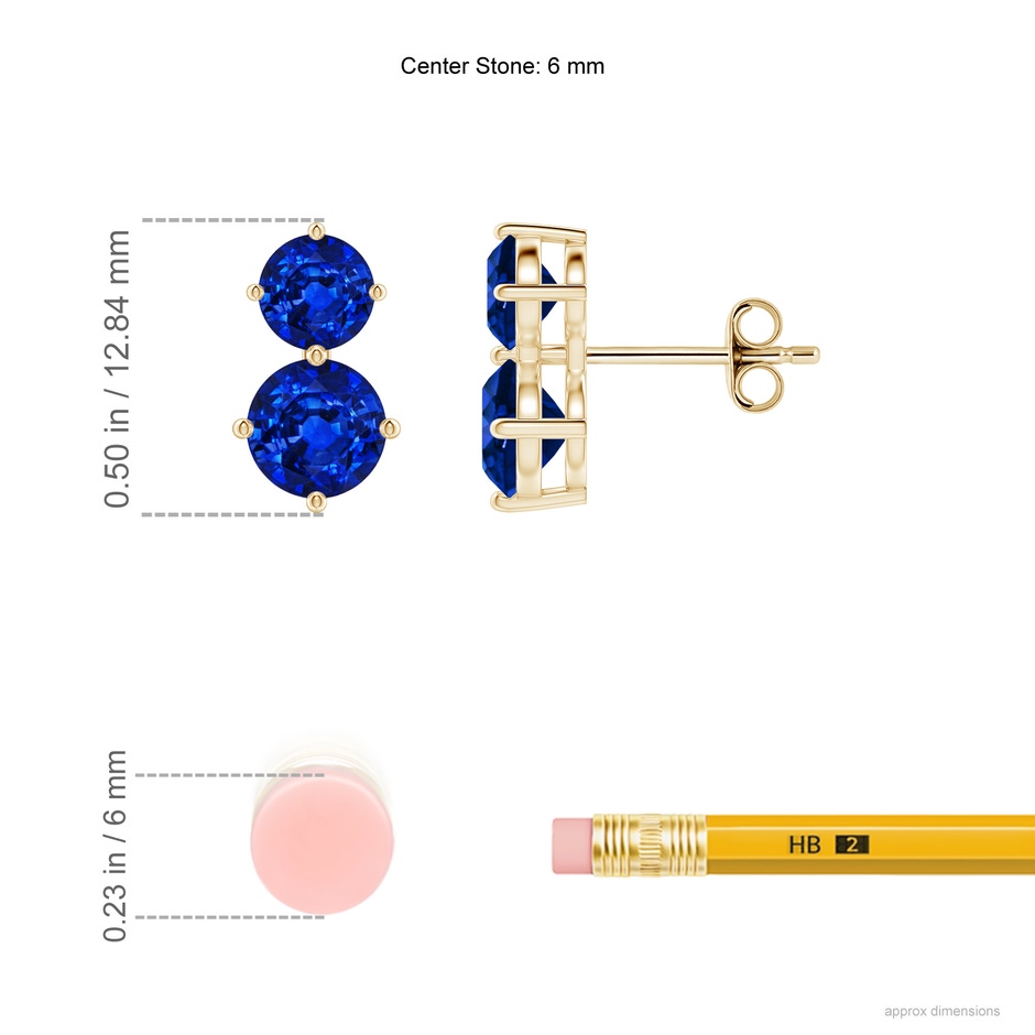 6mm Lab-Grown Round Blue Sapphire Two Stone Stud Earrings in Yellow Gold ruler