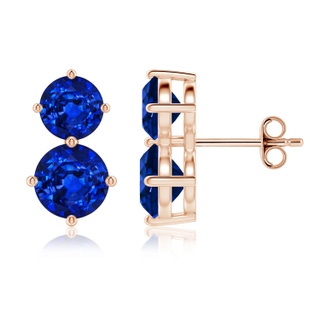 7mm AAAA Round Blue Sapphire Two Stone Stud Earrings in Rose Gold
