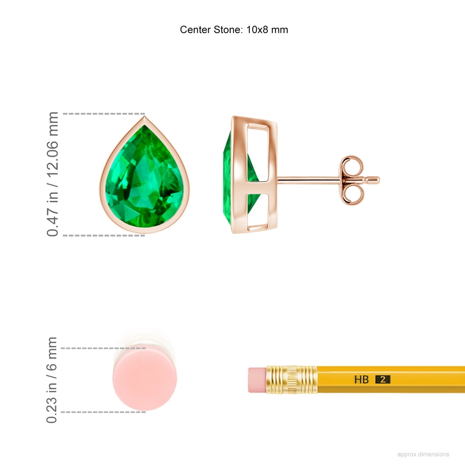10x8mm AAA Bezel-Set Pear Emerald Solitaire Stud Earrings in Rose Gold ruler