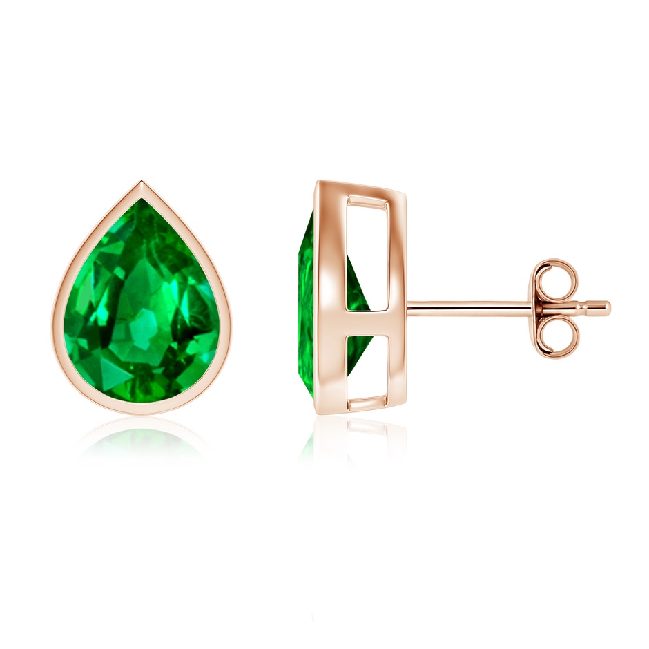 10x8mm AAAA Bezel-Set Pear Emerald Solitaire Stud Earrings in Rose Gold 
