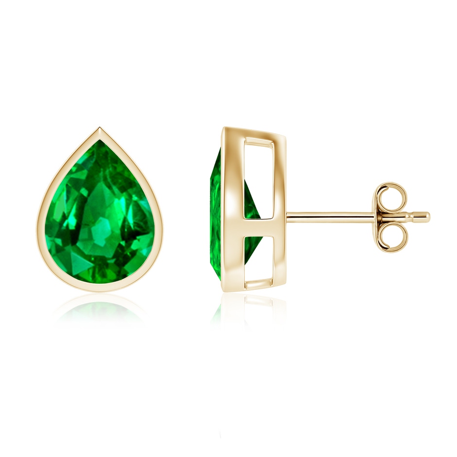 10x8mm AAAA Bezel-Set Pear Emerald Solitaire Stud Earrings in Yellow Gold 