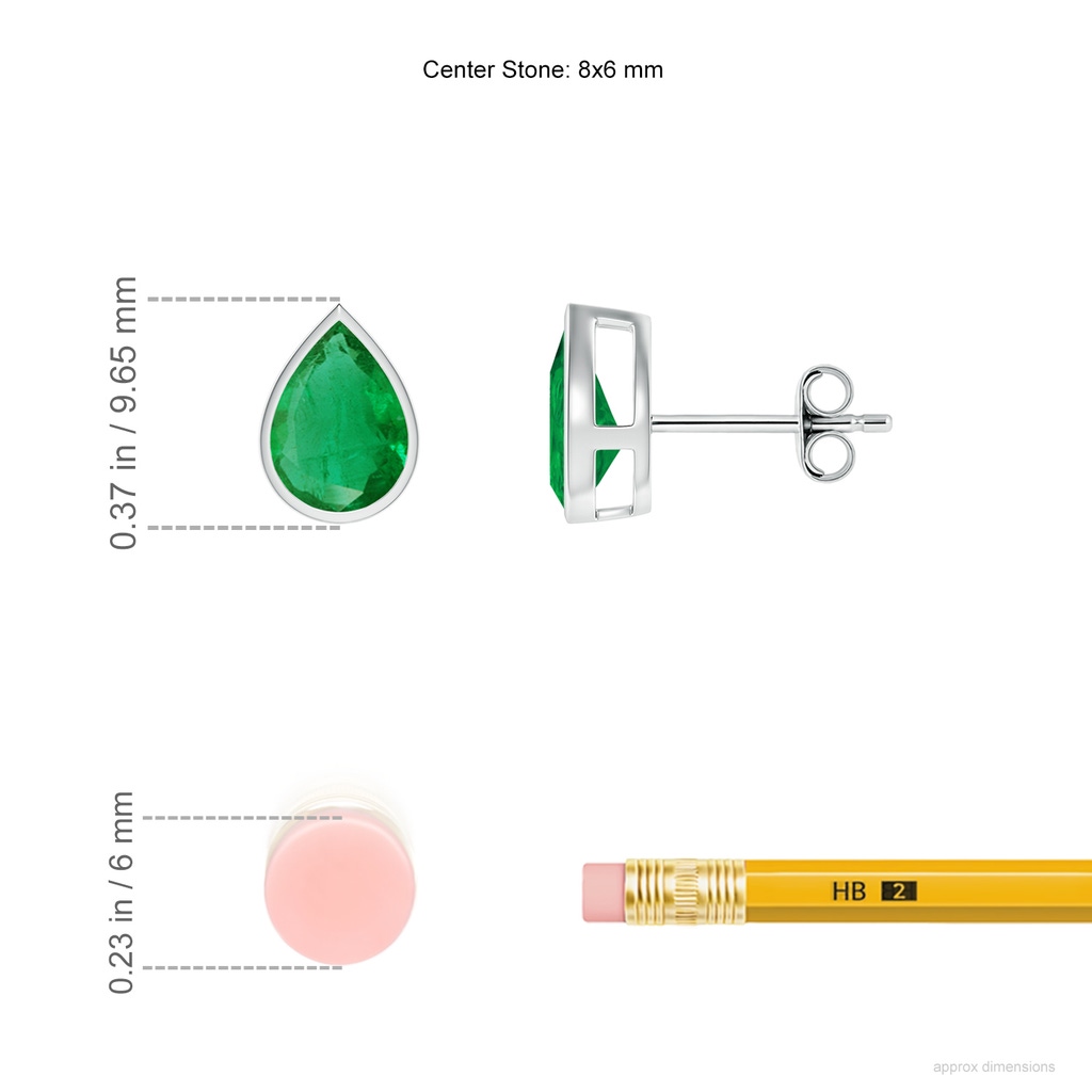 8x6mm AA Bezel-Set Pear Emerald Solitaire Stud Earrings in White Gold ruler