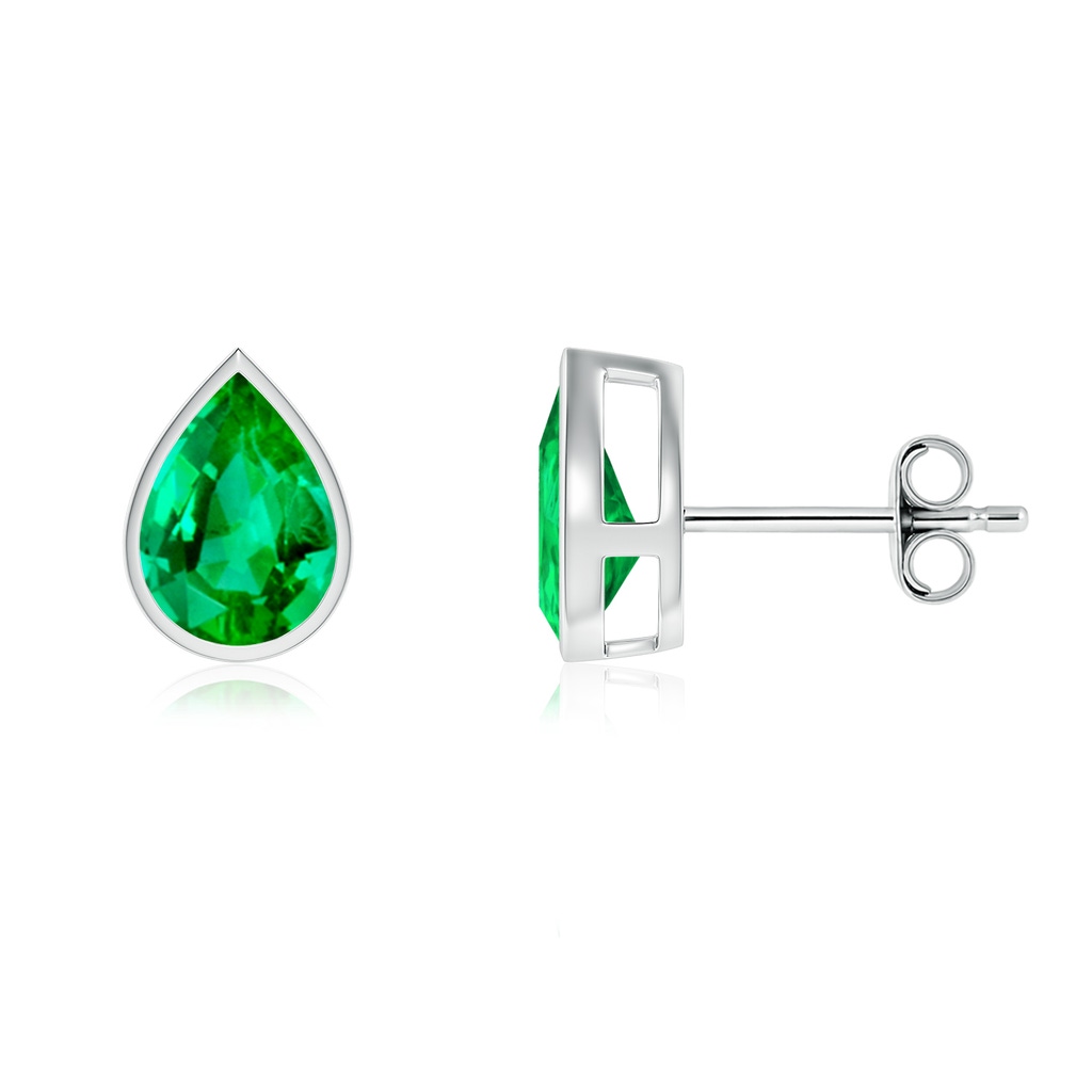 8x6mm AAA Bezel-Set Pear Emerald Solitaire Stud Earrings in White Gold