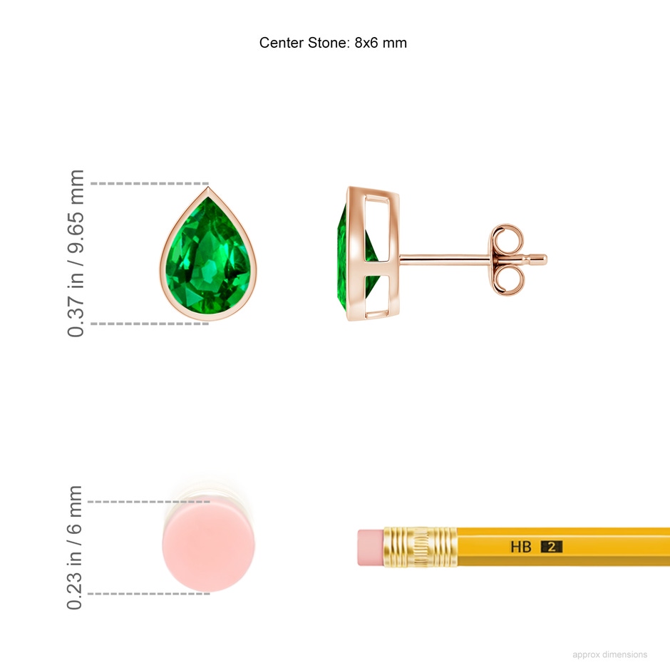 8x6mm AAAA Bezel-Set Pear Emerald Solitaire Stud Earrings in Rose Gold ruler