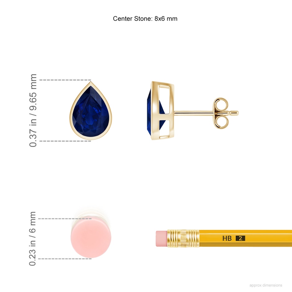 8x6mm AA Bezel-Set Pear Blue Sapphire Solitaire Stud Earrings in Yellow Gold ruler