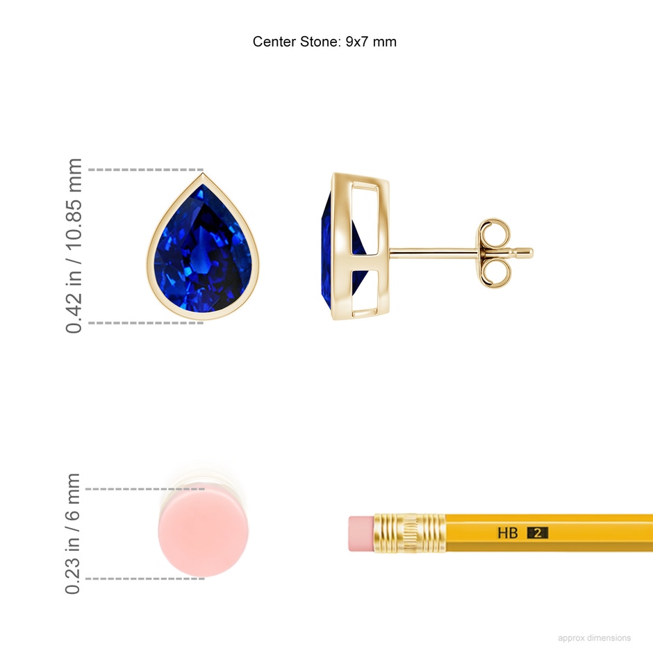 9x7mm Lab-Grown Bezel-Set Pear Blue Sapphire Solitaire Stud Earrings in Yellow Gold ruler