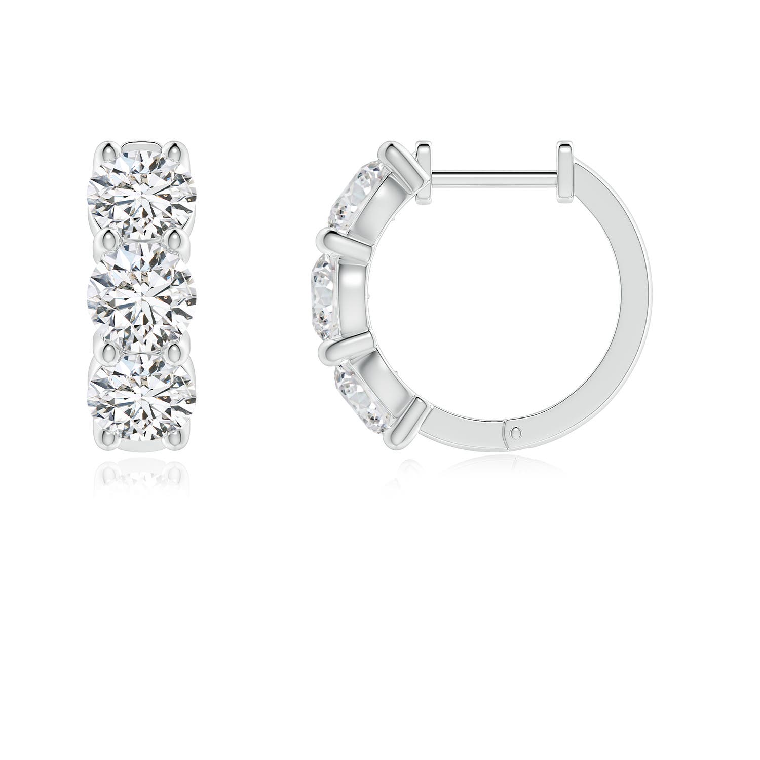 4.5mm HSI2 Round Diamond Three Stone Hoop Earrings in 18K White Gold