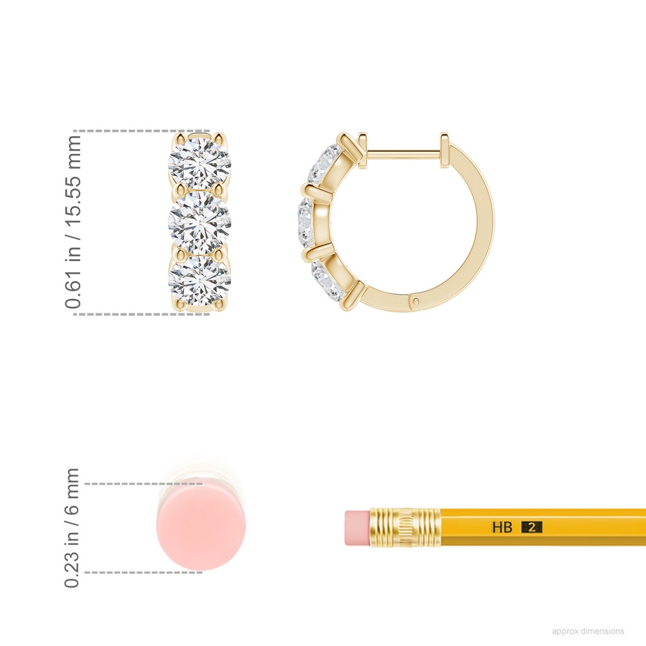 4.5mm HSI2 Round Diamond Three Stone Hoop Earrings in 18K Yellow Gold ruler